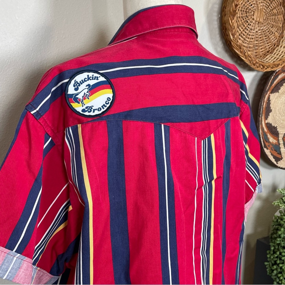 Upcycled Repurposed Wrangler Western Cropped Snap Up Shirt Red Striped Size L/XL